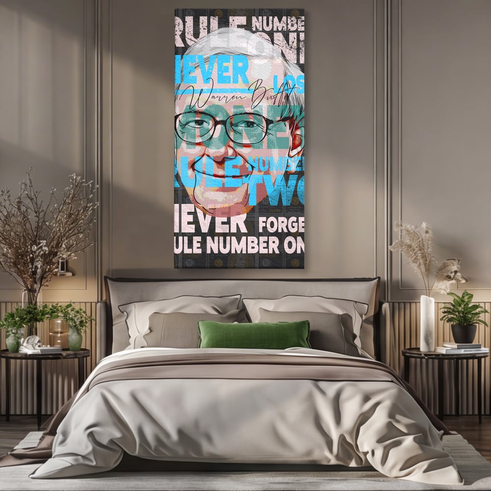 Tablou canvas cu tablou canvas cu portretul stilizat al lui warren buffett, fara rama, pe sasiu de lemn, pe perete intr-un dormitor